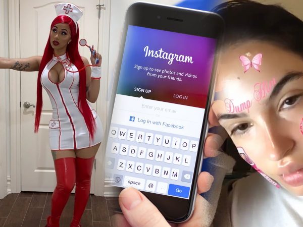 Cardi B Dressed as Plastic Surgeon, Instagram App open on iPhone, and a girl using Instagram plastic surgery filter
